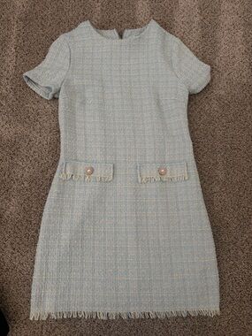 Classic Light Blue Tweed Short-Sleeve Shift Dress